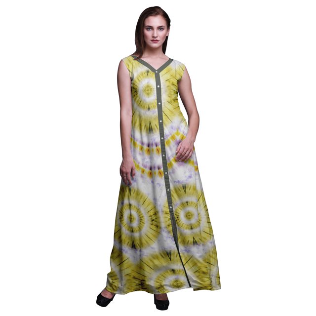 Bimba Robe Longue Décontractée d'Été Sans Manches à Fente avant Imprimée Teinture sur Nœuds pour Femmes - Grande