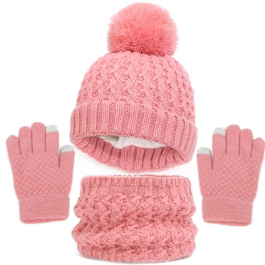 PMVFHDE Vêtements pour Enfants Chapeau d'Hiver Gants Foulard Ensemble Filles Tout-Petits Enfants Chapeaux avec Pompon Cache-Cou Tricoté Cache-Cou Mitaines Doublé en Molleton Ensemble Chapeaux et Casquettes pour Enfants Rouge Melon D\'eau, Taille Unique