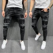 EGNMCR Jeans for Men, Men's Elastic Waist Loose Fit Denim Pants, Mens Pull On Jeans Mens Casual Fitness Bodybuilding Pocket Full Length Sports Pants Men Pants