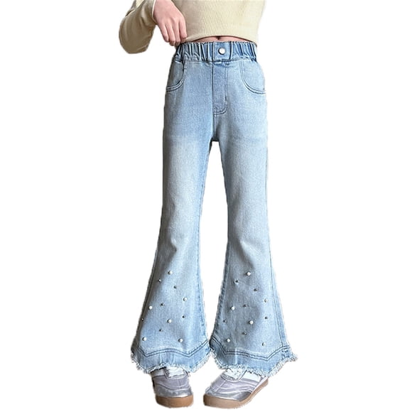 Fgnfyis Kids Pants Girls Casual Denim Pants High Waisted Wide Leg Jeans with Rhinestone Pocket Flared Girls Jeans Blue 11-12Years
