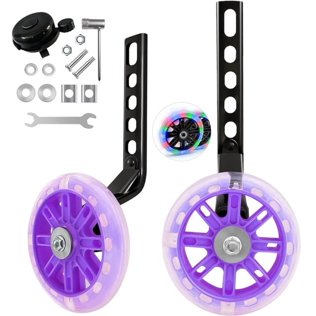 Graflsoa 12-20 Inch Kids Bike Training Wheels with LED Lights, Adjustable Stabilizer Support, Purple Flashing Wheels, Steel & Rubber Construction, Easy Installation Kit Included
