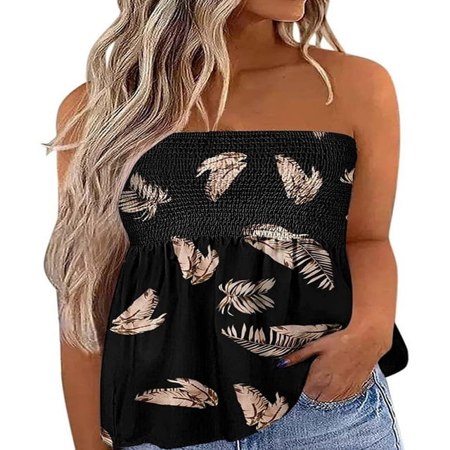 Women‘s Strapless Tank Tops Sleeveless Pleated Gradient Color Ladies Summer Boho Print Loose Fit Pullover