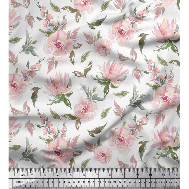 Soimoi White Heavy Satin Fabric Flower & Leaves Watercolor Fabric Prints By Yard 54 Inch Wide