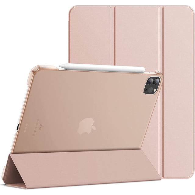 Supershield Case iPad Pro 11 Slim Stand Hard Back Shell Smart Cover in rose gold, compatible with iPad Pro 11-inch 4th Generation 2022, 3rd Generation 2021, and 2nd Generation 2020. Lightweight and shockproof design with durable synthetic leather, precise cutouts for cameras, speakers, and ports, and a built-in stand for versatile viewing angles.
