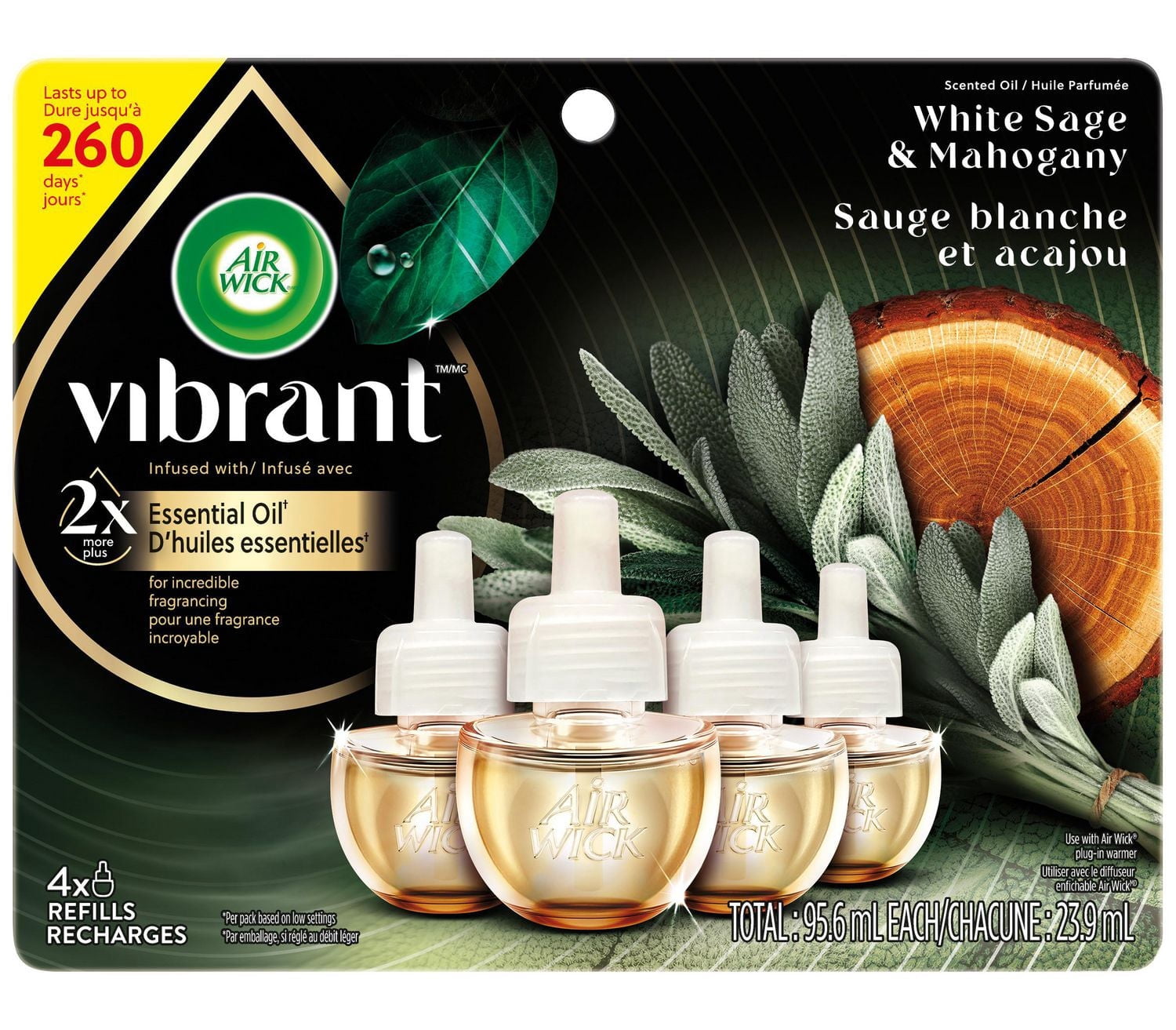 Air Wick Recharge d'Huile Parfumée pour Diffuseur Enfichable, Sauge Blanche et Acajou, 95.6mL, 4 Recharges