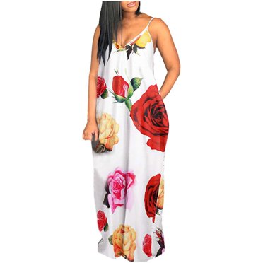 Robe Grande Taille pour Femmes Sans Manches à Col en V à Imprimé Floral Robe Maxi d'Été à Bretelles Spaghetti Longue Robe Décontractée Ample Robe d'Été