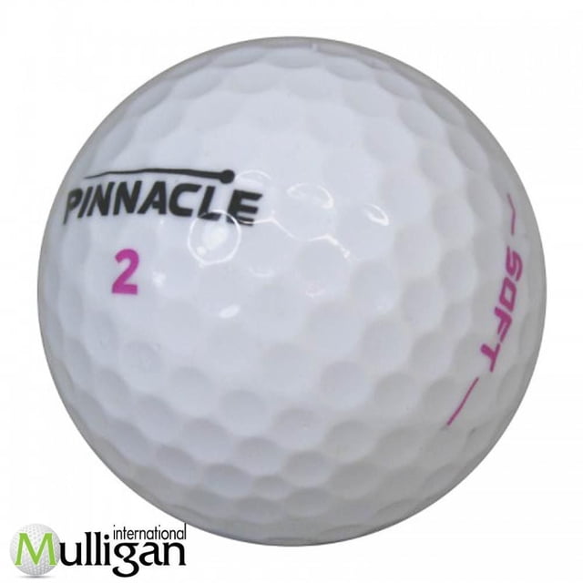 Mulligan - 12 Pinnacle Soft 5A Recycled Used Golf Balls, White, close-up of a white dimpled golf ball with black 'PINNACLE' logo, pink number '2', and pink 'SOFT' text, showing near mint condition and designed for soft feel and long distance, suitable for eco-friendly golf practice.