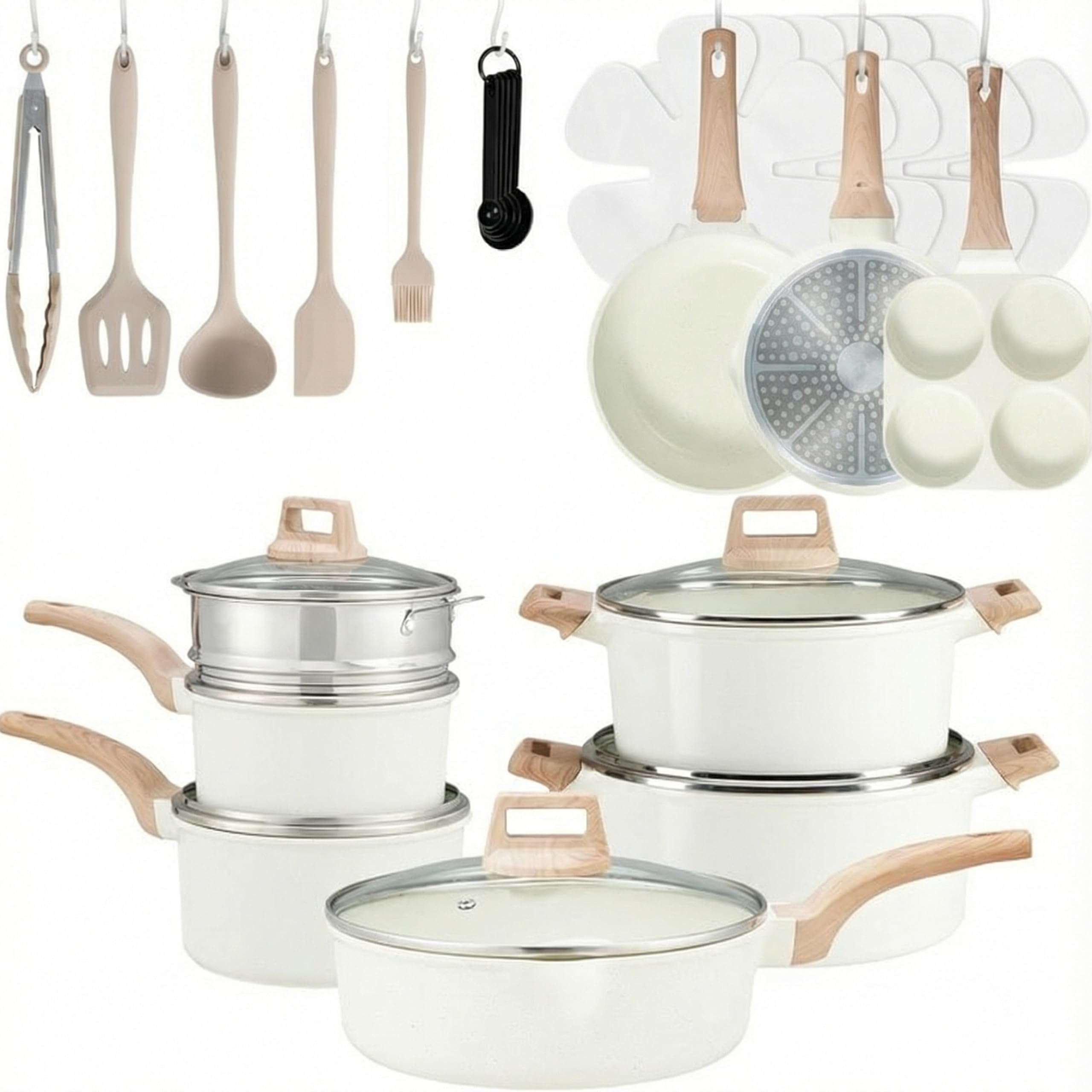Simple Deluxe 25Pcs Ceramic Cookware Set Nonstick & Non-Toxic Healthy Pots and Pans Heat-Resistant Handles Induction Cookware Sets with Frying Pans Beige