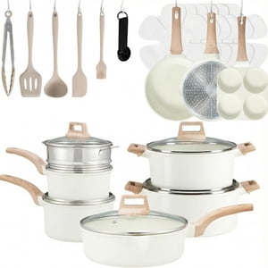 Simple Deluxe 25Pcs Ceramic Cookware Set Nonstick & Non-Toxic Healthy Pots and Pans Heat-Resistant Handles Induction Cookware Sets with Frying Pans Beige