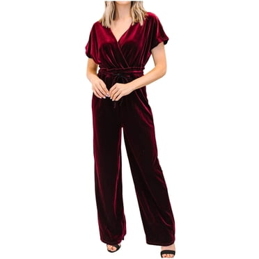 FAIWAD Combinaison en Velours à Manches Courtes et Jambes Larges pour Femmes, Col en V, Ceinturée, Automne Hiver, Vêtements Tendance