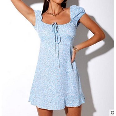 Floral Print Square Neck Short Sleeve Dress One-Piece for Women, Red/Light Blue/Light Purple