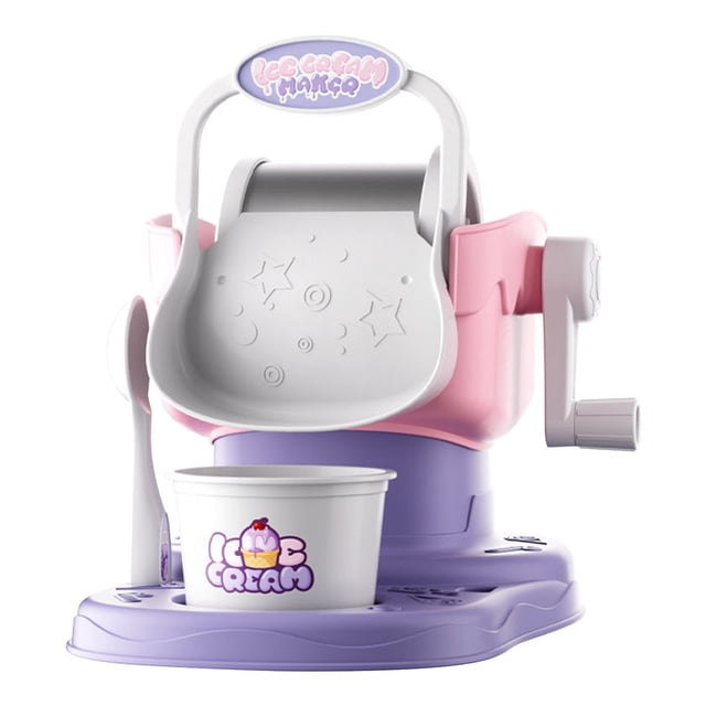 EGNMCR Mini Sweeteners Children's Homemade Ice Cream Maker, a portable and compact ice cream machine with pastel pink and purple accents. Features include a hand-crank mechanism, a white ice cream cup with a playful logo, and a spoon. Ideal for parent-child interaction, it uses safe, food-grade materials and is easy to operate for children.