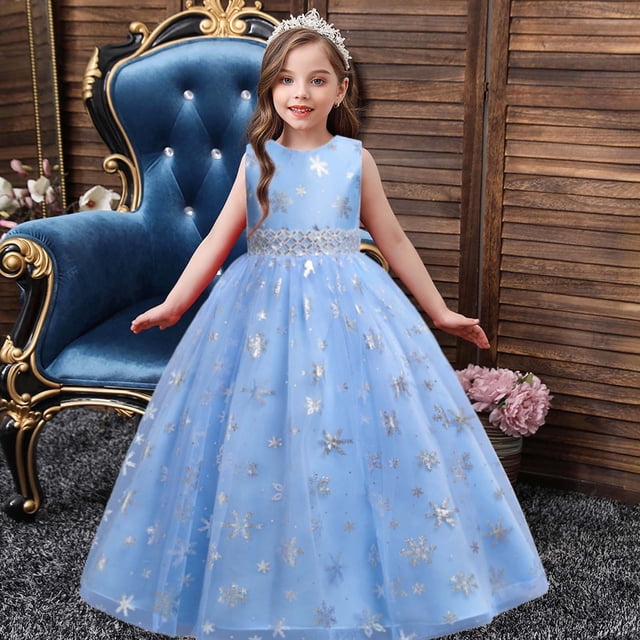 EGNMCR Vêtements pour Bébé Fille Robe pour Enfants Fille Sans Manches Robe de Princesse Motif Flocon de Neige Imprimé Tulle Longue Robe Canoniques