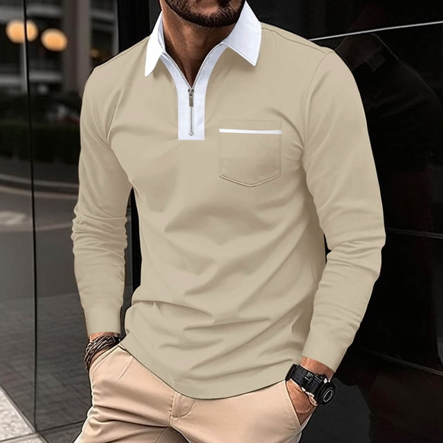 RXIRUCGD Hommes Couleur Unie Poche Manches Longues Col Rabattable Mode Chemise de Balle de Golf Hauts, Kaki, Taille : 3TG