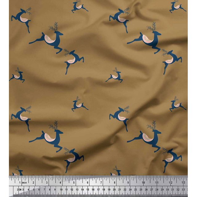Soimoi Brown Poly Georgette Fabric Reindeer Animal Printed Fabric 1 Yard 52 Inch Wide