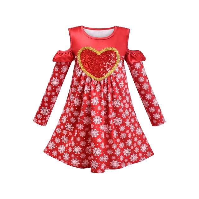 Robe Fille Rouge Épaules Dénudées Flocons de Neige Cœur Saint-Valentin 6 Ans