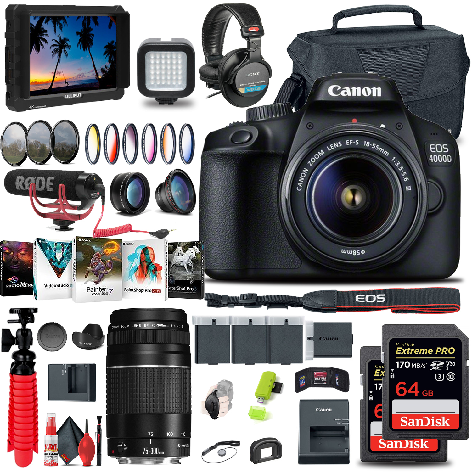 Canon EOS 4000D / Rebel T100 DSLR Camera with 18-55mm Lens + EF 75-300mm + More