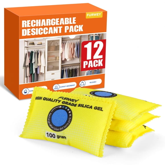 FURWEY 100g (12 Packs) Rechargeable Desiccant Packs for Storage, Color Indicating Silica Gel Desiccant Packets, Moisture absorbers for Storage,Dehumidifier Bag for Closet