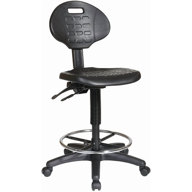 Nicer Furniture Urethane Drafting Chair with black contoured urethane seat and backrest featuring ventilation cutouts, adjustable seat height, back height, and seat angle, chrome circular footrest, and five caster wheels on a heavy-duty nylon base, suitable for office, laboratory, or workshop environments.