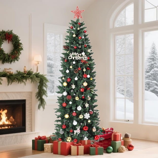 7.5FT Pencil Christmas Tree,Artificial Pre-Lit Christmas Tree,Realistic Xmas Tree Artificial Holiday Decoration for Indoor and Outdoor Use