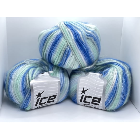 Ice Yarns Picasso 3 Pack - Fil Bleu Menthe Gris Blanc Pelucheux avec Brillance Subtile Poids Moyen 3x125 Yards (3x115 Mètres) 3x1.76 Onces (3x50 Grammes)