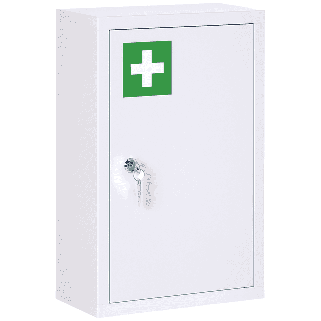 Kleankin Armoire à Pharmacie Murale avec Serrure en Blanc, Présentant un design compact Mural avec un Autocollant Croix Vert de Premiers Soins sur la Porte. Fabriquée en Acier Roulé à Froid, Elle Comprend des Étagères à Trois Niveaux pour un Rangement Organisé des Médicaments. l'Armoire Dispose d'Un Mécanisme de Verrouillage Sécurisé avec Deux Clés, la Rendant Idéale pour les Foyers avec Enfants et Animaux de Compagnie. Dimensions Sont de 11,8 Pouces de Large, 5,5 Pouces de Profondeur et 18,1 Pouces de Hauteur.