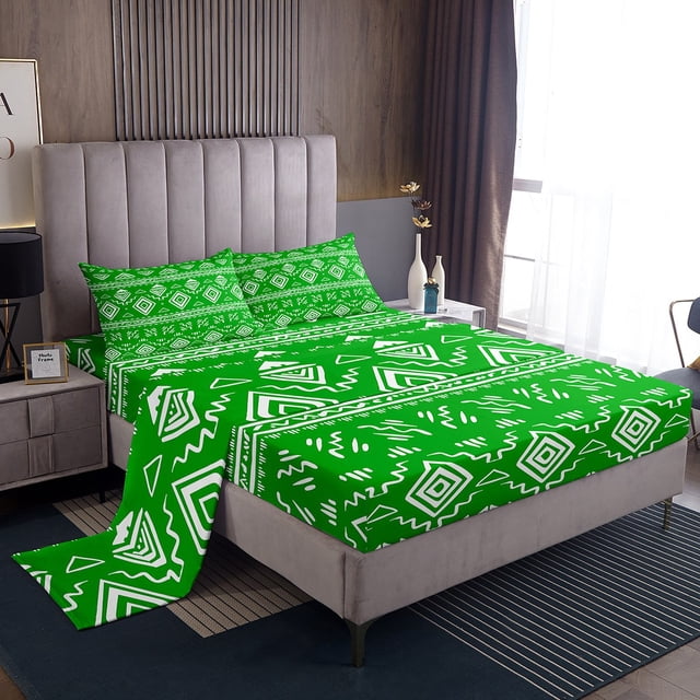 Erosebridal Green Aztec Sheet Set Twin, Farmhouse Abstract Art Bedding Sets Twin Size 3-Piece