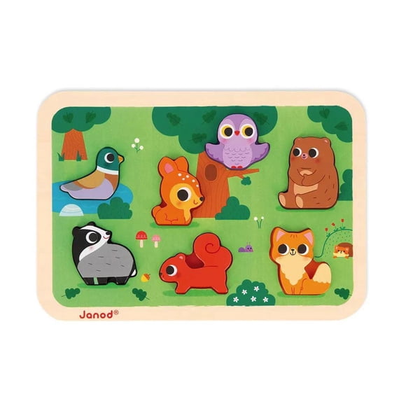 Janod - Puzzle Épais Forêt - 7 Pièces Animaux - Bois - Éveil - Compétences Motrices Fines - Pour Tout-Petits - À Partir de 18 Mois + - Multilingue - J07123