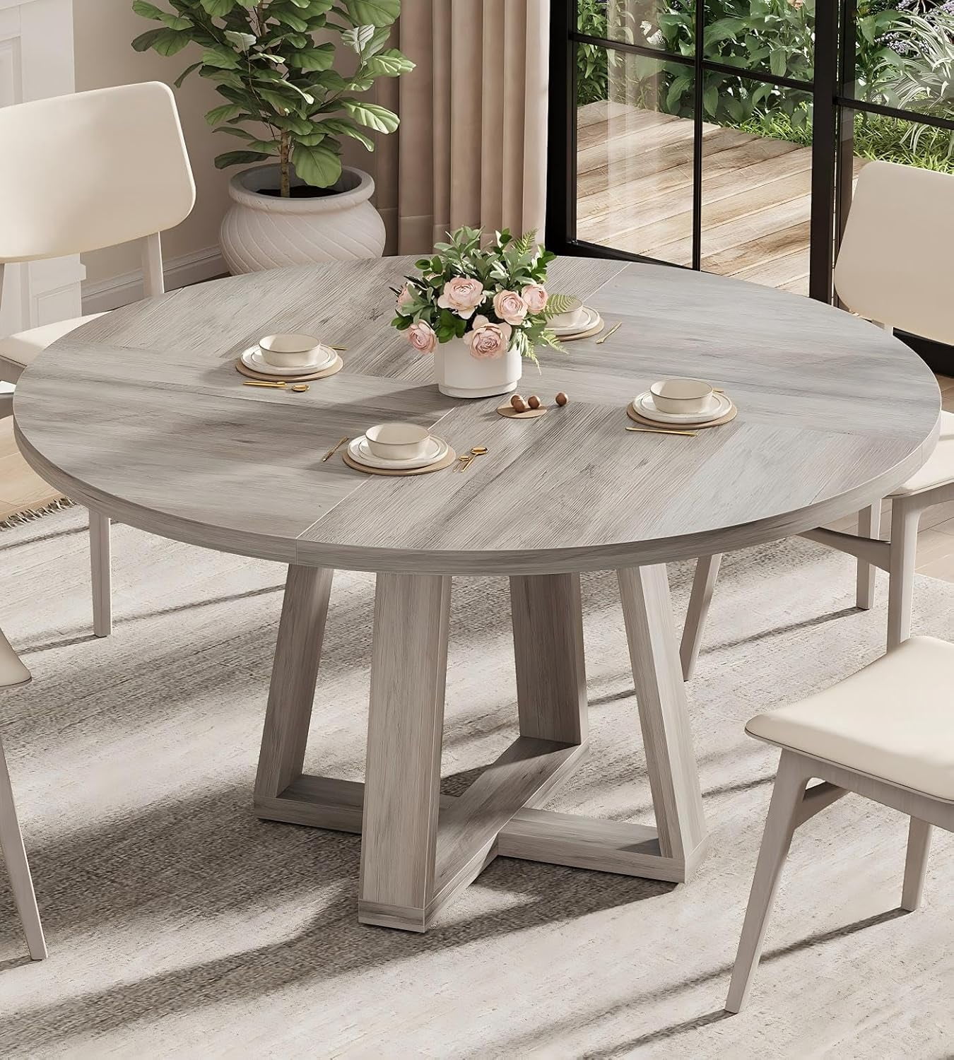 47 Inch Round Dining Table for 4-6 People, Circle Kitchen Table with Cross Base, Farmhouse Wood Dinner Table for Apartment, Grey