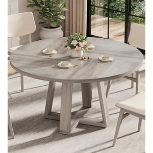 47 Inch Round Dining Table for 4-6 People, Circle Kitchen Table with Cross Base, Farmhouse Wood Dinner Table for Apartment, Grey