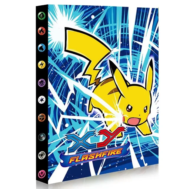 Trading Card Binder, 9 Pocket Card Storage Collector Holder Binder Fits 432 Cards (JJK8). A vibrant binder featuring a Pikachu design on the cover with a blue and white lightning-themed background. The binder measures 47cm by 30cm and is made from durable polypropylene material. It includes 24 pages with 9 pockets per page, accommodating up to 432 cards. Ideal for trading cards, baseball cards, football cards, MTG cards, and Yu-Gi-Oh cards. The compact and lightweight design makes it easy to carry and store.