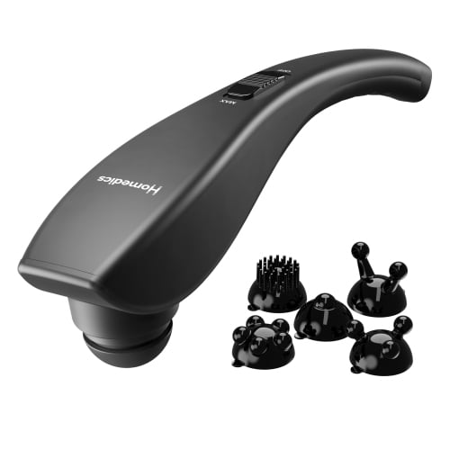 Homedics Masseur Portatif Rechargeable à Percussion pour Tissus Profonds avec 5 Accessoires Interchangeables, Conçu pour un Soulagement Musculaire Ciblé. les Caractéristiques Incluent une Poignée Ergonomique, des Commandes Intégrées, Trois Réglages de vibration et Cinq Têtes Détachables pour une Intensité Personnalisée. Léger et portable, Idéal pour le Soulagement du stress, de la tension et de la Douleur.