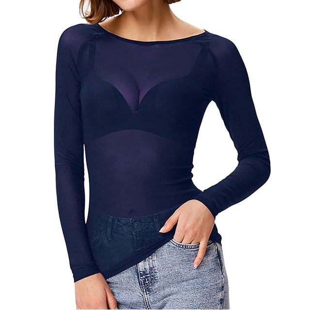 Pompotops Haut Gaine pour Femmes à Manches Longues Transparent Sans Coutures, Haut de Bras, Chemise en Maille, Blouse