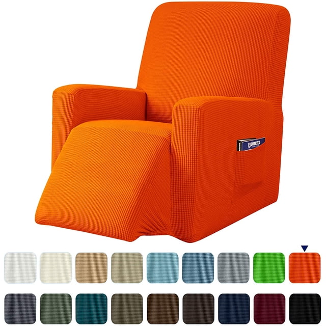 Subrtex Housse Extensible pour Fauteuil Inclinable 1 Pce en Motif Quadrillé Texturé, Montrée en orange Vif. la Housse Comprend une Poche Latérale pour le Rangement et un Ajustement Serré avec des Coins Élastiqués. Fabriquée à Partir de 85 % polyester et 15 % Élasthanne, Elle Est Douce, durable et Lavable à la machine. Plusieurs options de Couleur Sont Affichées Ci-Dessous, Y Compris Blanc Cassé, Marine, Noir, Gris et Plus.