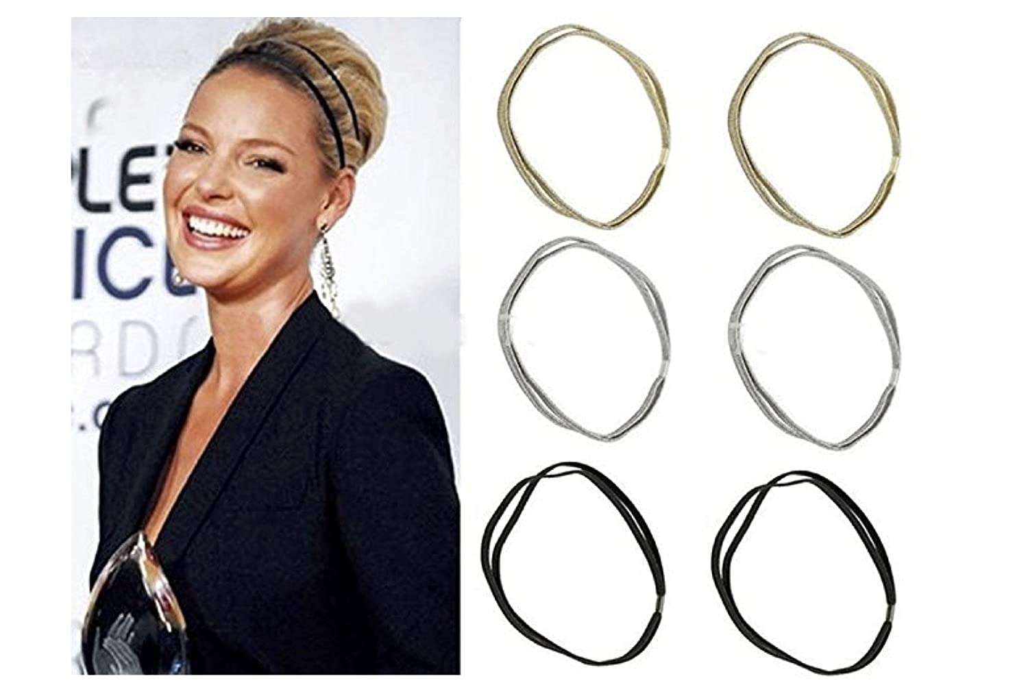 6PCS Glitter Elastic Double Hooped Headband (Gold, Silver, Black)