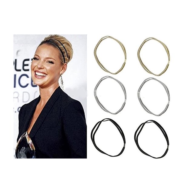 6PCS Glitter Elastic Double Hooped Headband set with two gold, two silver, and two black headbands. Designed with a double hoop style and silver clasps, these fashion headbands are ideal for accessorizing outfits or adding sparkle to hair styling.