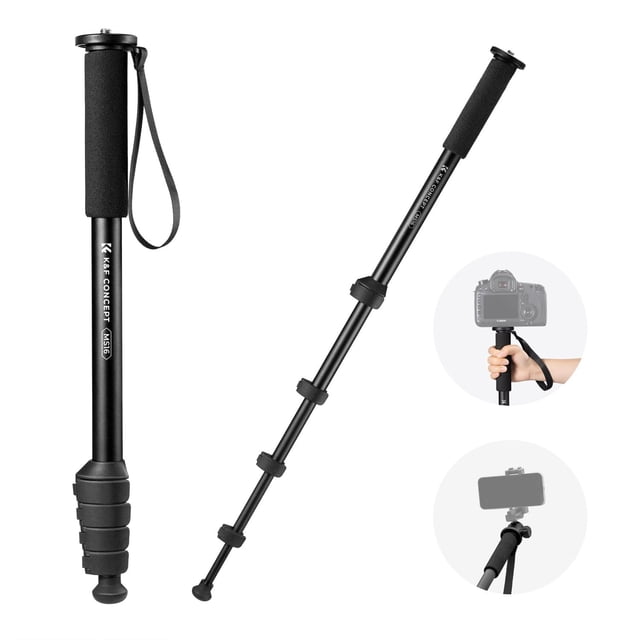 K&F Concept Camera Monopod 63" Aluminum Photography Monopod with 5-section height adjustment, shown in a black aluminum alloy design. Features include a foam grip handle with a wrist strap, anti-slip padding, and dual-purpose foot spikes for stability on various terrains. The monopod is lightweight, compact, and compatible with 1/4" and 3/8" interfaces for cameras and gimbals. Inset images display the monopod in use with a camera and a smartphone.
