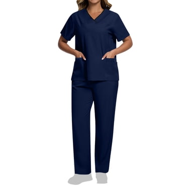 Amzcrzy Scrubs for Women Set Solid Color Short Sleeve V Neck Scrubs Tops Elastic Waist Multi Pockets Jogger Scrub Pants for Women Casual Work Scrubs Sets