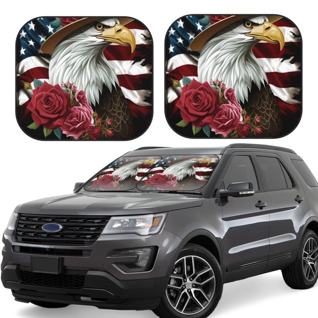 KLL Eagle With Hat And Roses for Windshield Sun Shade 2-Piece Foldable Car Front Window Sunshade for Most Sedans SUV Truck-Large