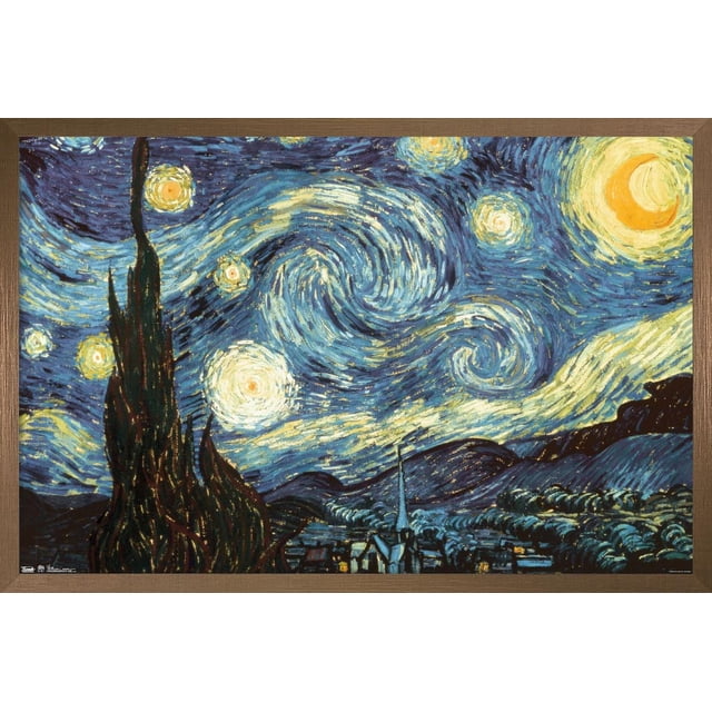La Nuit Étoilée par Vincent van Gogh Affiche Murale, 22,375 Pouces x 34 Pouces, Représentant le Ciel Nocturne Emblématique Tourbillonnant avec des Étoiles Jaunes Vives et un Croissant de Lune au-Dessus d'Un village Sombre et un Haut Cyprès, Imprimée sur Papier Lustré pour Rehausser les Couleurs, Convient à la Déco Maison et à l'Art Mural.