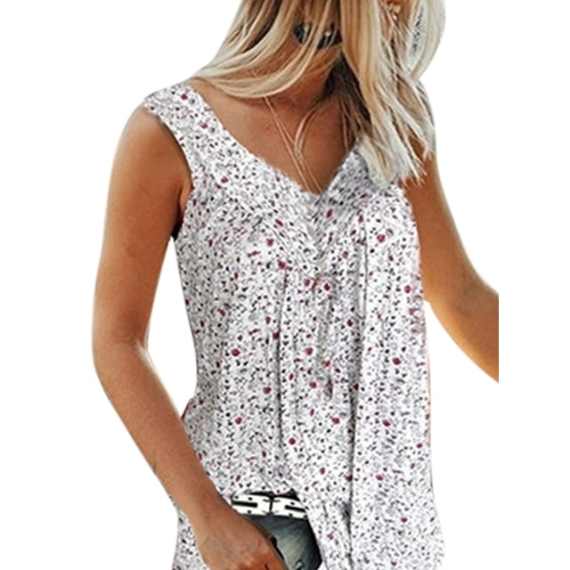 Innerwin Haut d'Été Col en V Débardeurs pour Femmes Imprimé Floral Boho T-Shirts Blanc L