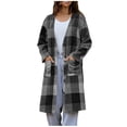 thumbnail image 1 of RXMEKW Plaid Wool Blend Coat With Button Front And Pockets for Women, Longline Cardigan Jacket, Brown, 1 of 6
