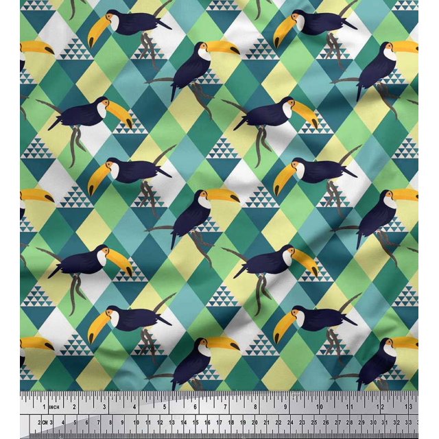 Soimoi Poly Georgette Fabric Check & Toucan Bird Decor Fabric Printed Yard 52 Inch Wide
