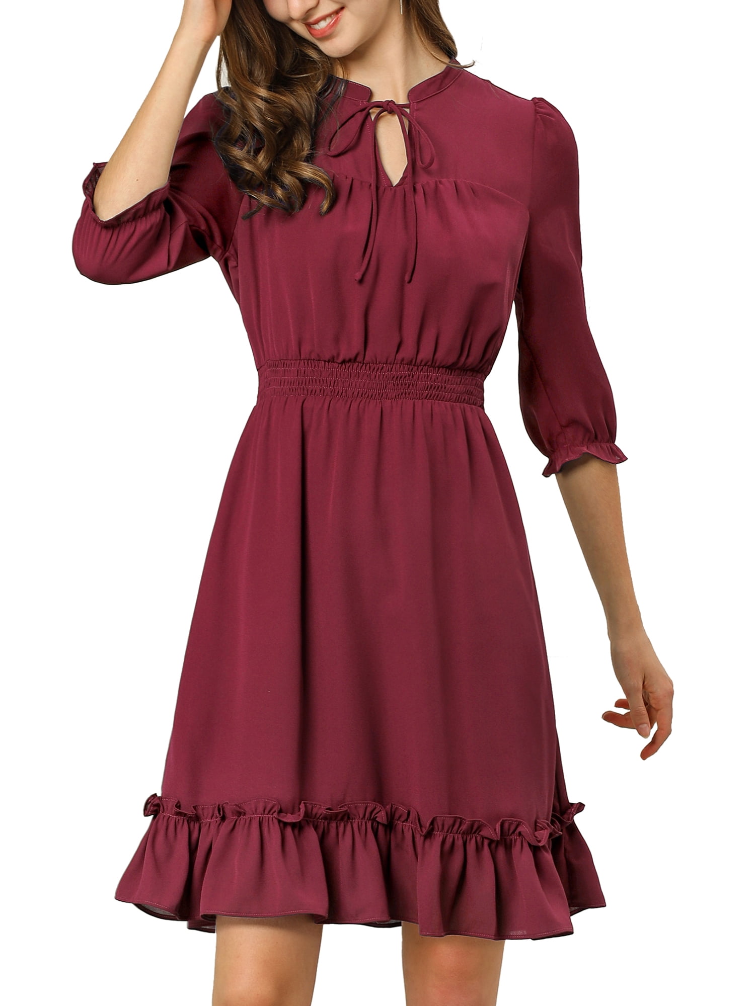 INSPIRE CHIC Women's Layered Ruffle Hem 3/4 Sleeves Smocked Chiffon A-Line Dress XS Burgundy