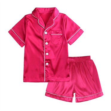 JUNWELL DxhmoneyHX Kids Silk Satin Pajamas Set Girls Boys Short Sleeve Button-Down Sleepwear Shorts 2 Piece PJs Sets Lounge Sets