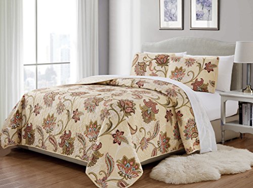 MK Home Jane Quilted Floral Print Bedspread Beige Red Blue Taupe Full/Queen