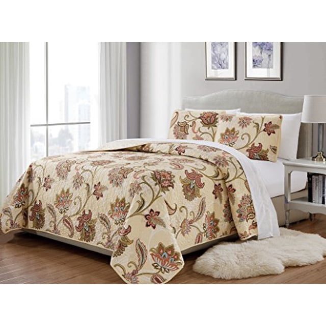MK Home Jane Couvre-Lit Matelassé à Imprimé Floral Beige Rouge Bleu Taupe Full/Grand