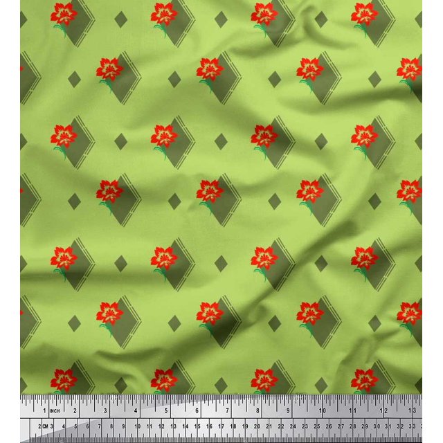 Soimoi Poly Georgette Fabric Diamond Shape & Floral Artistic Fabric Prints By Yard 42 Inch Wide