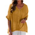 thumbnail image 1 of asjyhkr Womens Linen T Shirts Loose Fitting V Neck Button Lightweight Summer Tops Solid Color Tees, 1 of 7