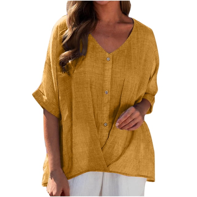asjyhkr Womens Linen T Shirts Loose Fitting V Neck Button Lightweight Summer Tops Solid Color Tees
